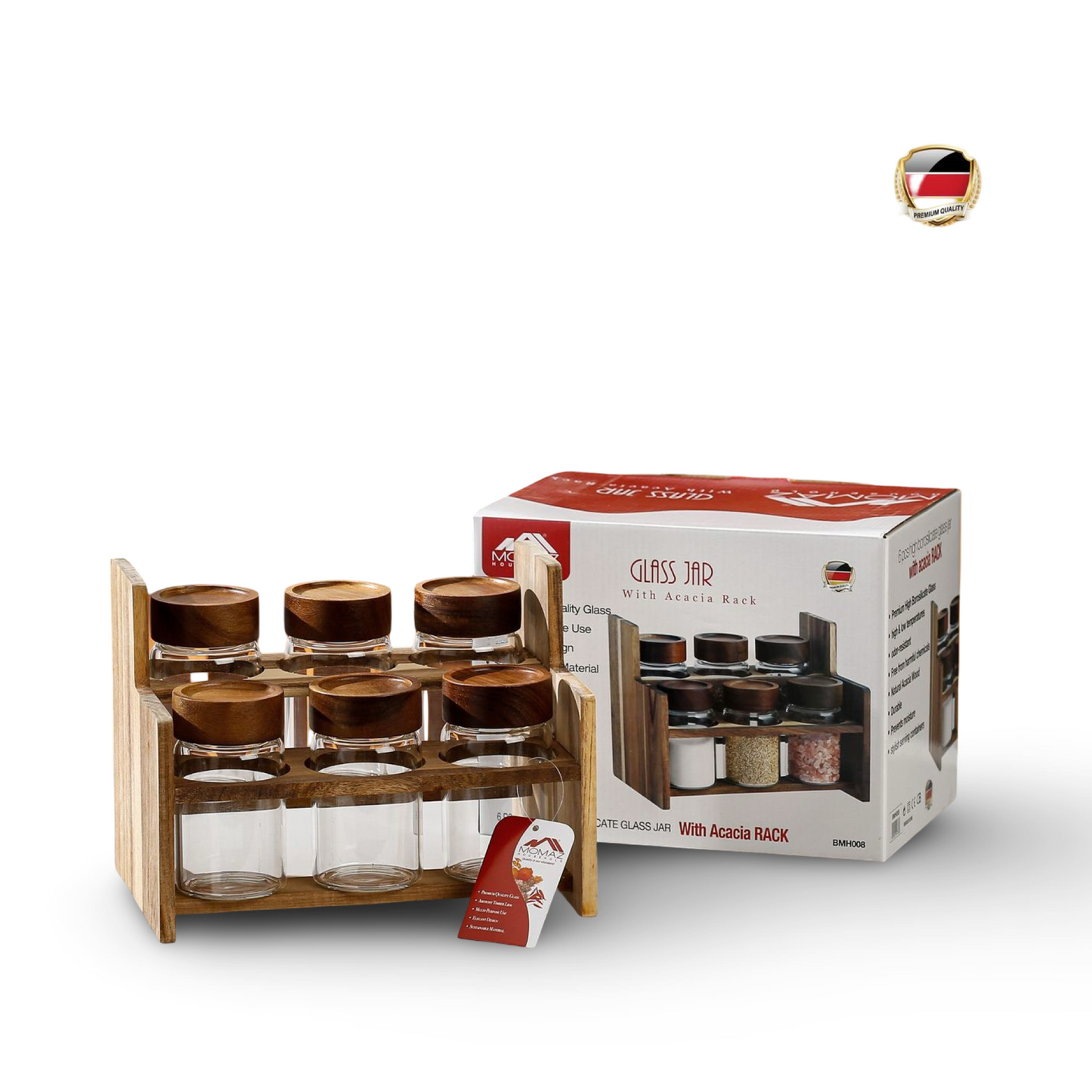 Momaz 6 Glass Jars With Acacia Rack