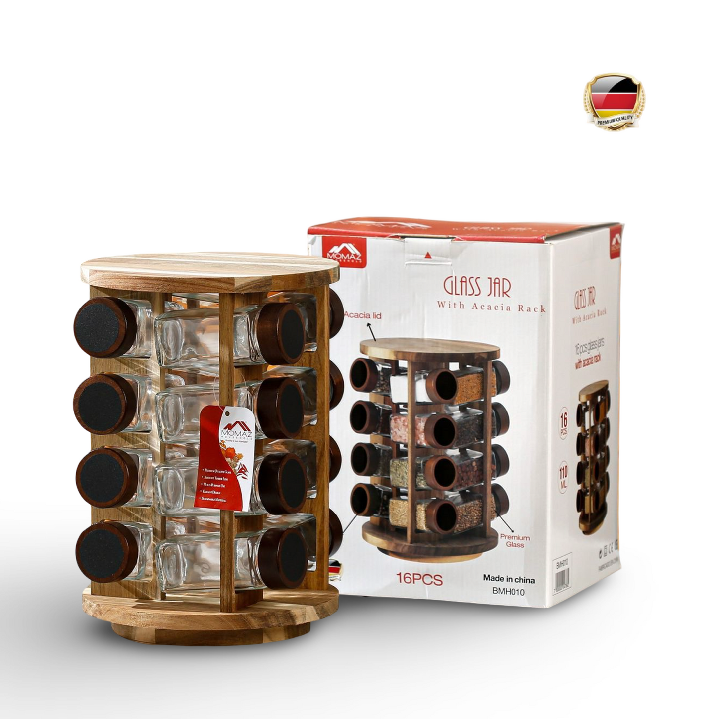 Momaz 16Pcs Glass Jars With Acacia Rack