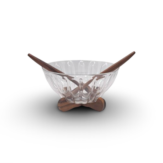 Billi Glass Salad Bowl with Wood Crasle & Servers