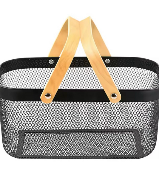 Large Metal Mesh Basket With Wooden Handle