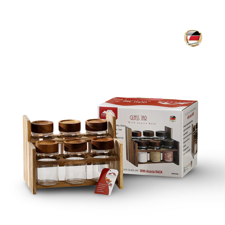 Momaz 6 Glass Jars With Acacia Rack