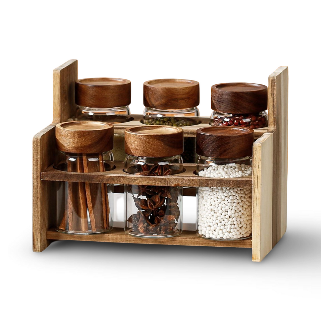 Momaz 6 Glass Jars With Acacia Rack