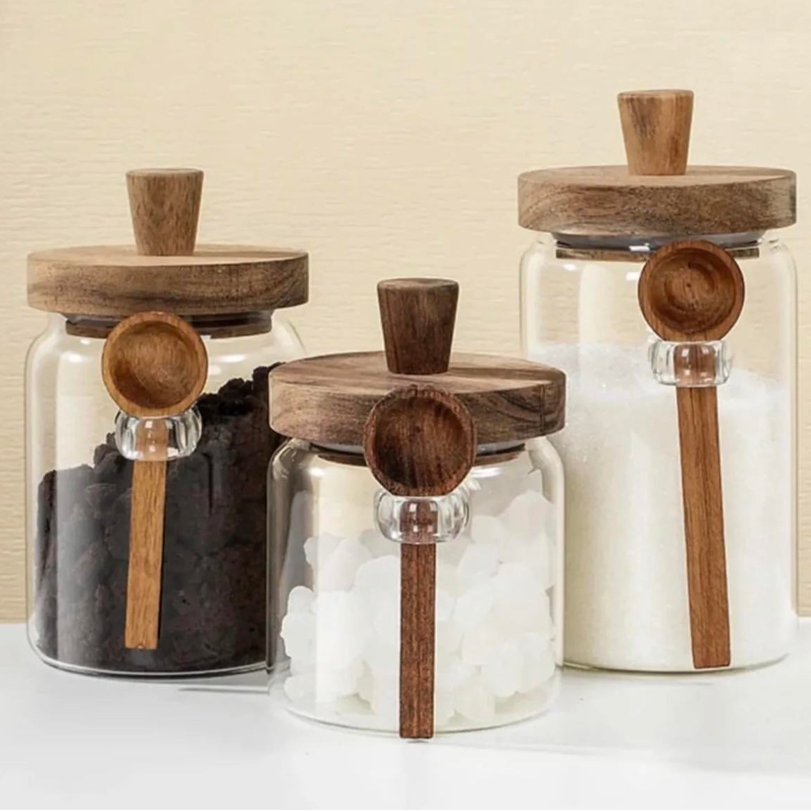 Glass Storage Jar With Wooden Lid And Spoon