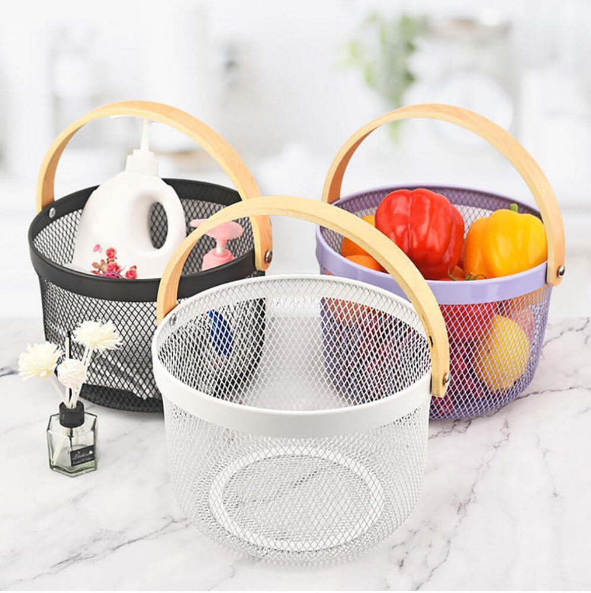 Round Metal Storage Basket With Wooden Handle