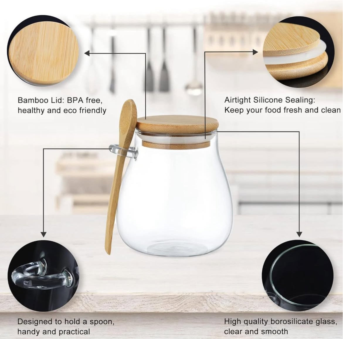Airtight Glass Storage Jars With Bamboo Lid & Spoon