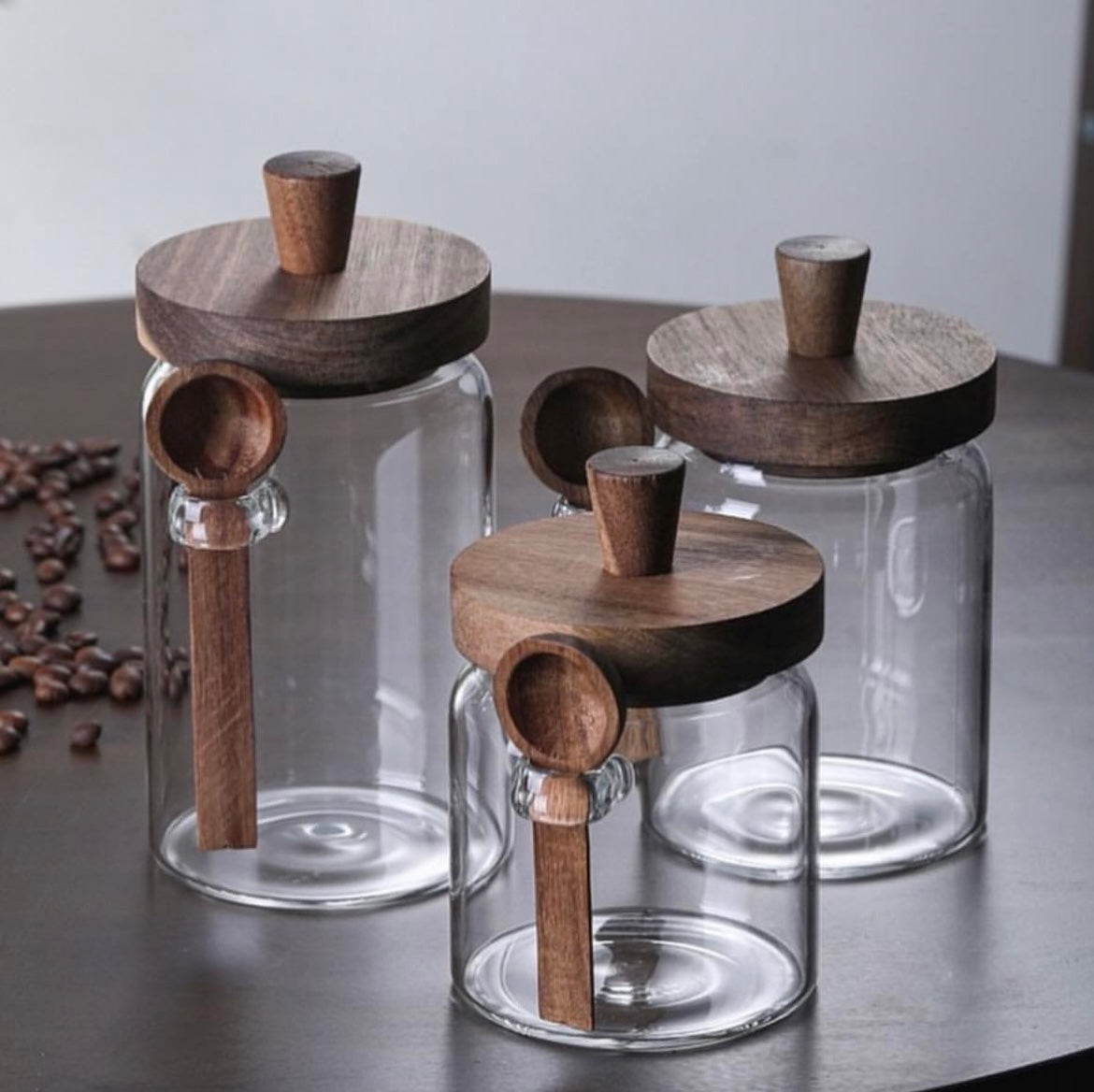 Glass Storage Jar With Wooden Lid And Spoon