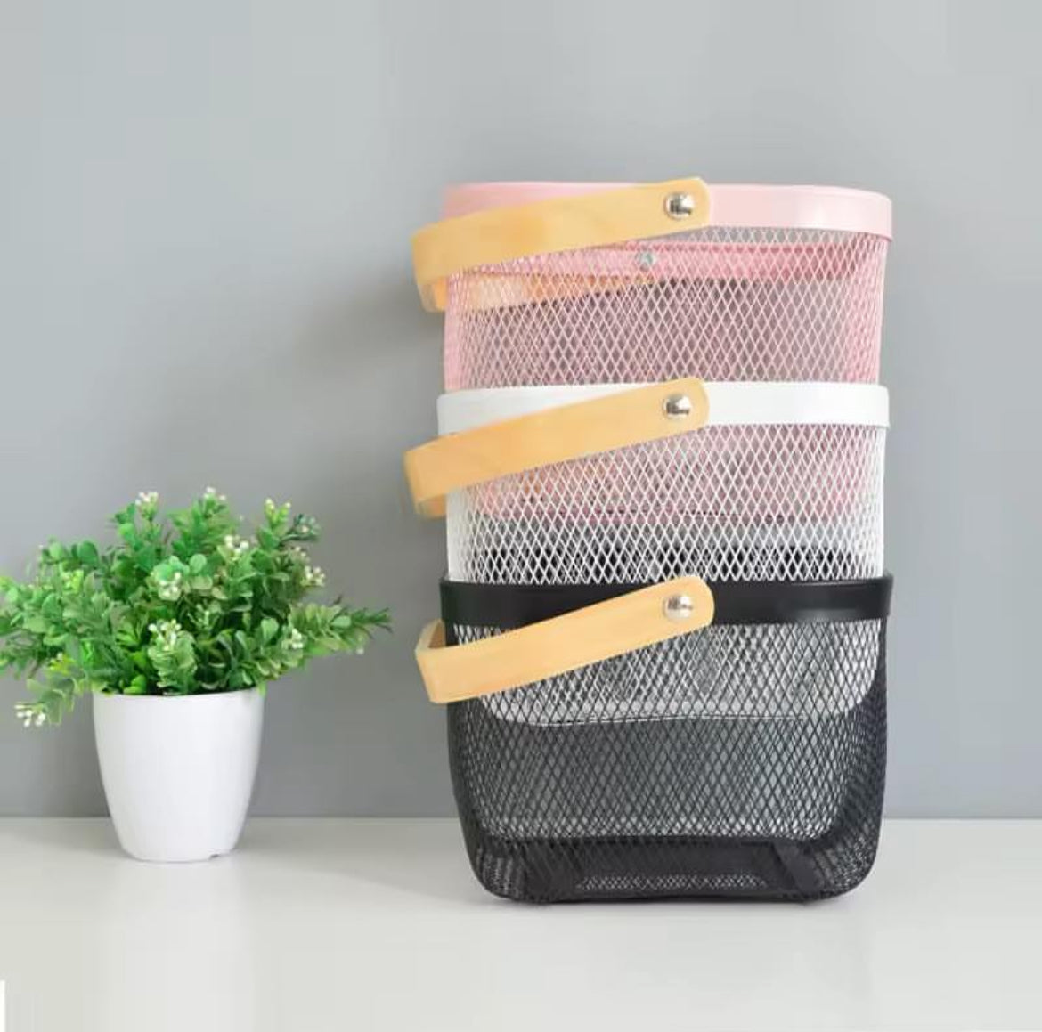 Large Metal Mesh Basket With Wooden Handle