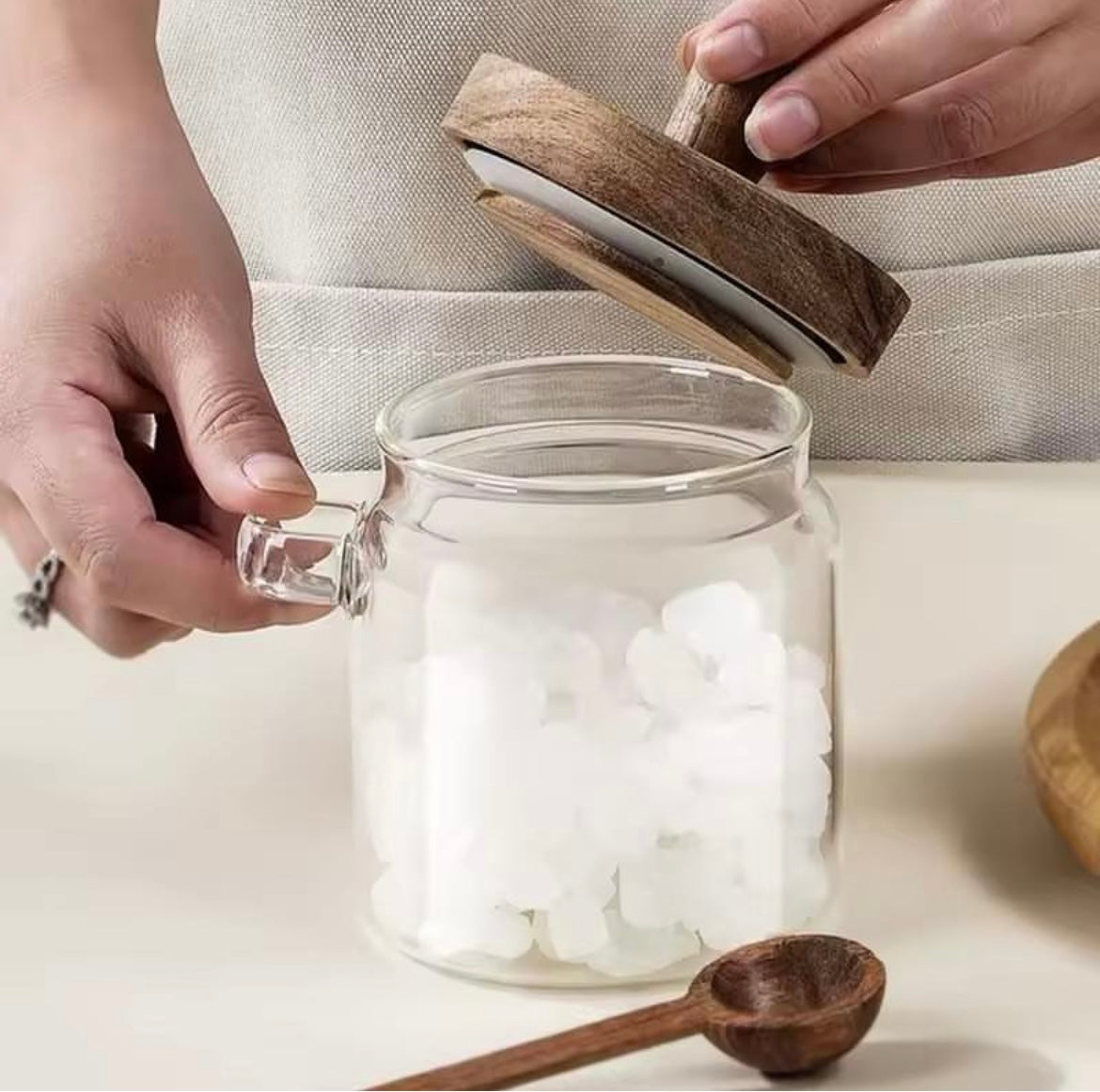 Glass Storage Jar With Wooden Lid And Spoon