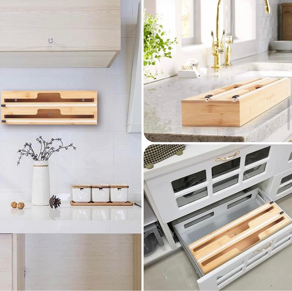 Wooden Bamboo Cling Film Dispenser with Slide Cutter 2 in 1