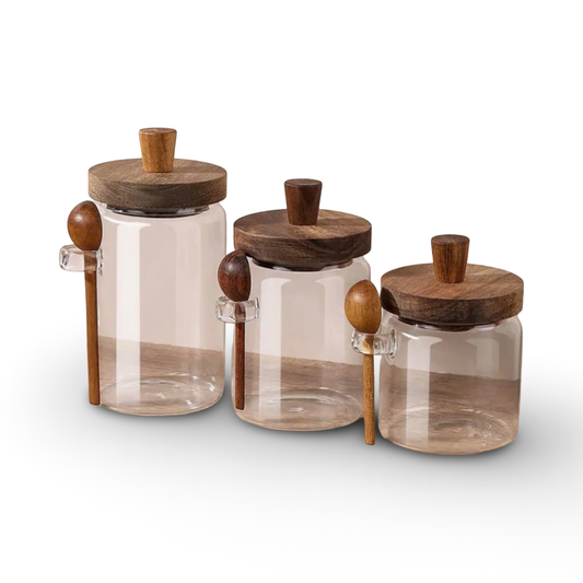 Glass Storage Jar With Wooden Lid And Spoon