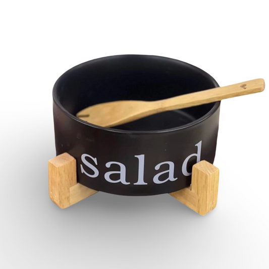 Ceramic Salad Bowl With Wooden Stand And Spoon