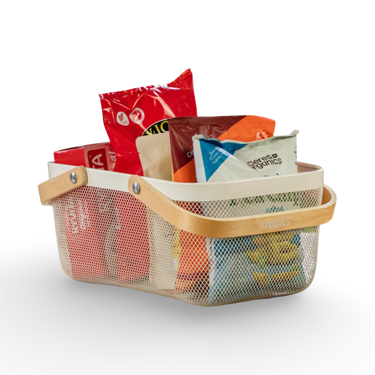 Large Metal Mesh Basket With Wooden Handle