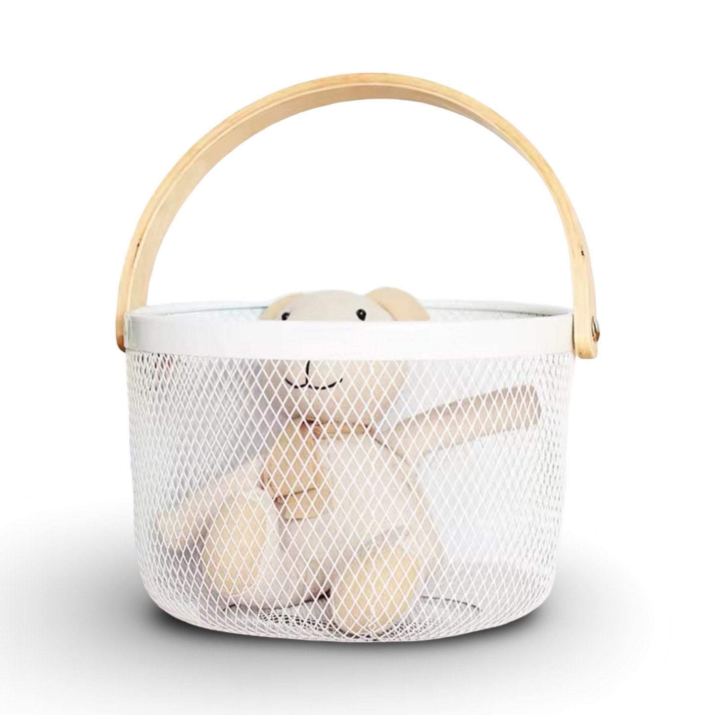 Round Metal Storage Basket With Wooden Handle