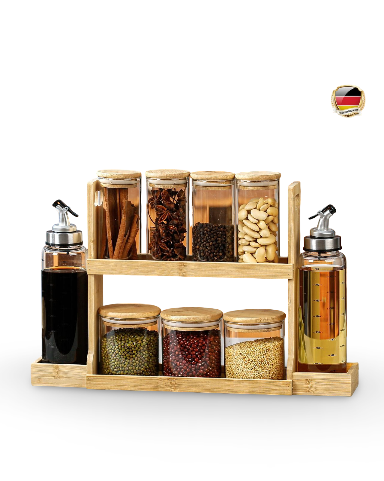 Momaz Glass Jars & Oil Bottles With Bamboo Rack