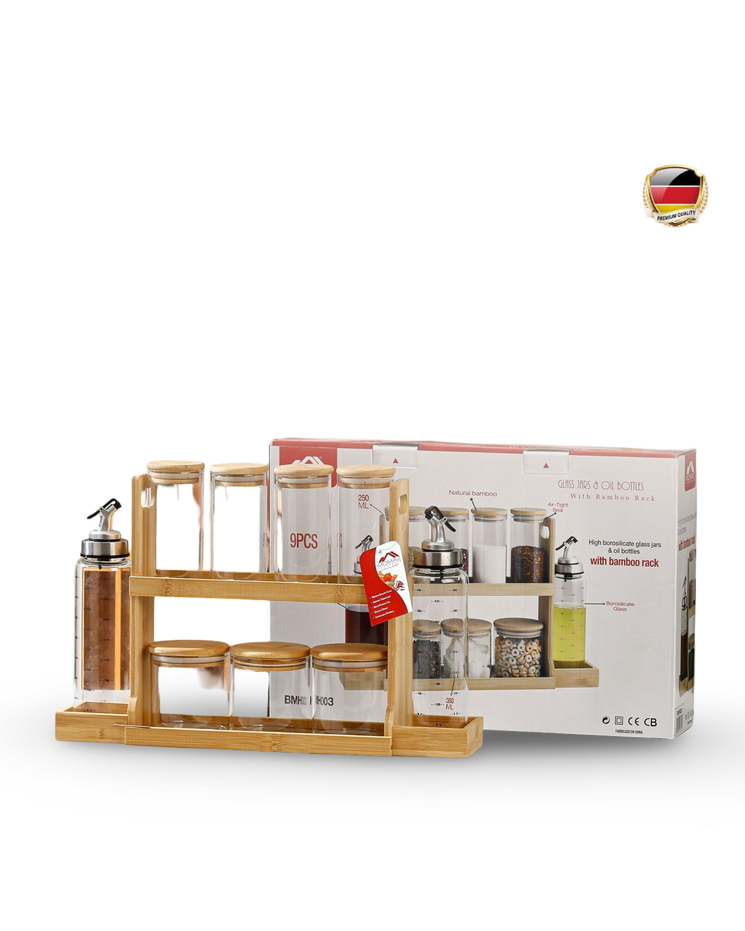 Momaz Glass Jars & Oil Bottles With Bamboo Rack