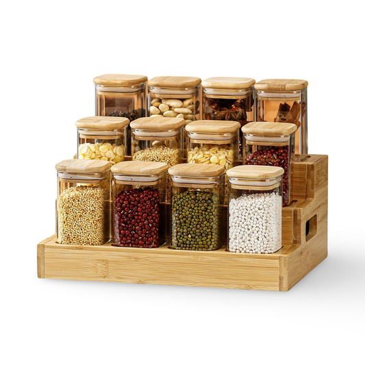 Momaz 12 Glass Jars With Bamboo Rack