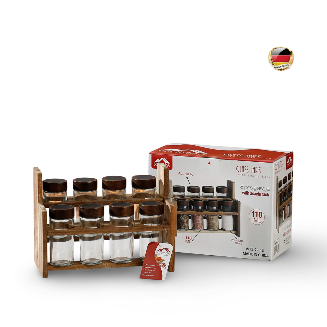 Momaz 8 Glass Jars With Acacia Rack