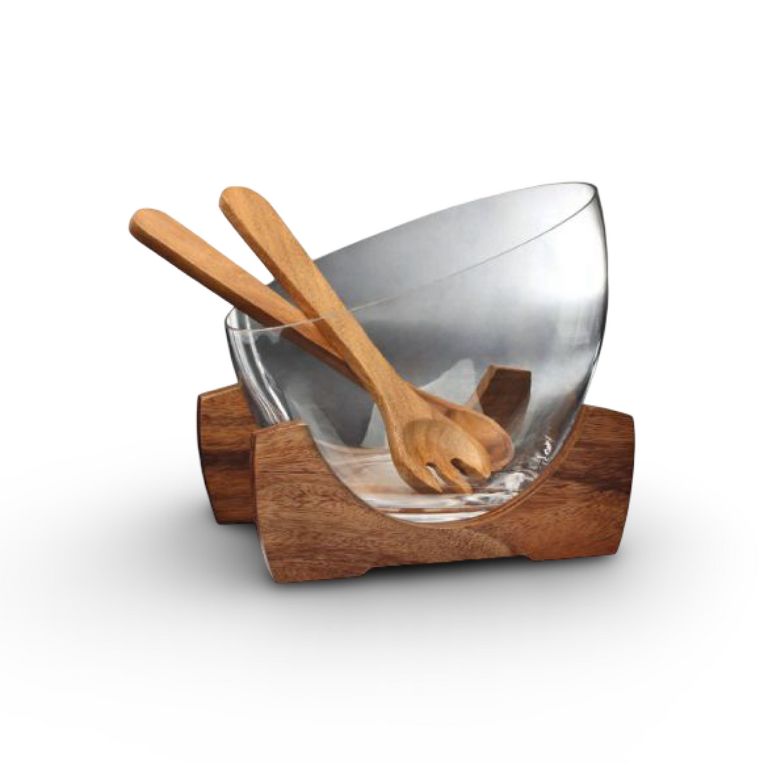 Billi Glass Salad Bowl With Wooden Base 4Pcs