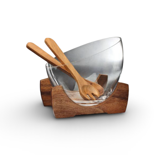 Billi Glass Salad Bowl With Wooden Base 4Pcs