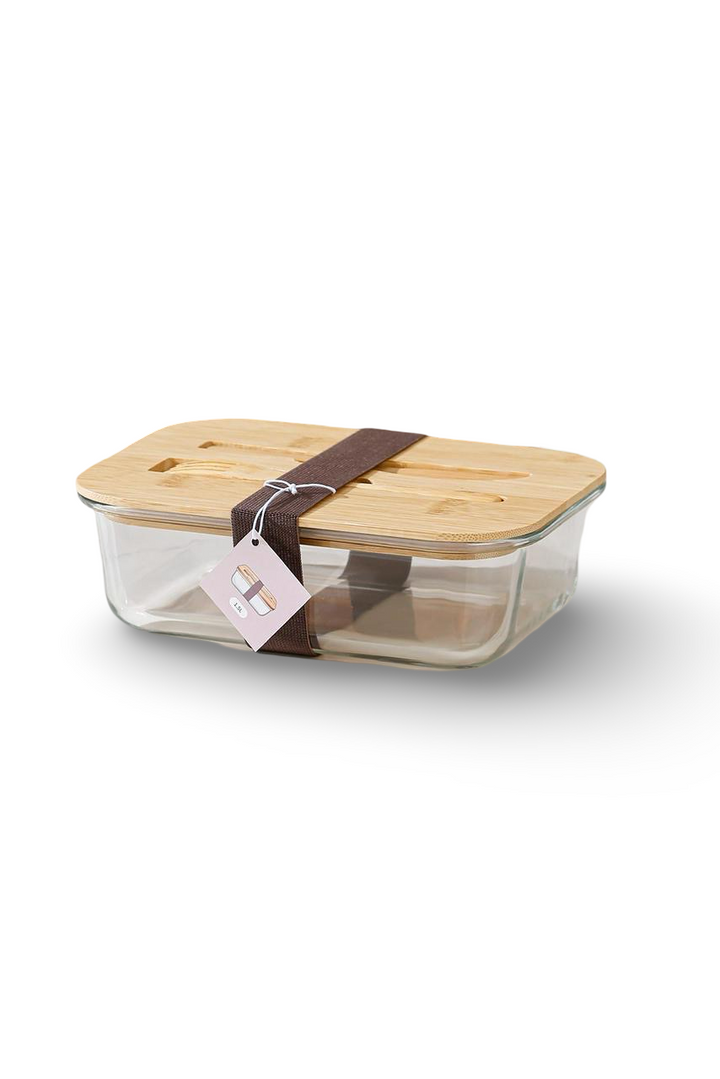 Momaz Tupperware Glass Wood Lid with Fork and Knife