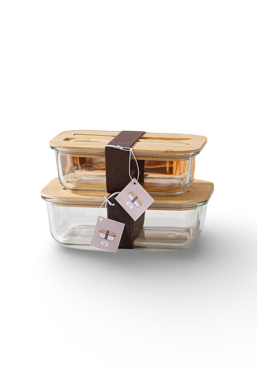 Momaz Tupperware Glass Wood Lid with Fork and Knife